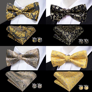 Hi-Cravată de Aur de Lux Florale Puncte Papion pentru Barbati Adult Fluture Galben Papion și batistă de Buzunar Butoni pentru Barbati Petrecerea de Nunta