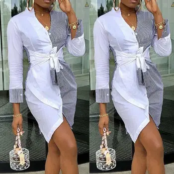 Hirigin Femei Stripe Long Sleeve V-neck Talie Înaltă, Subțire, Scurt Mini-Rochie Casual, Office Lady