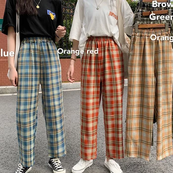 HOUZHOU Modă Carouri Pantaloni pentru Femei de Vară 2020 Largi Picior Pantaloni Femei Stil coreean Pantaloni Femei de Epocă, în Carouri, Pantaloni