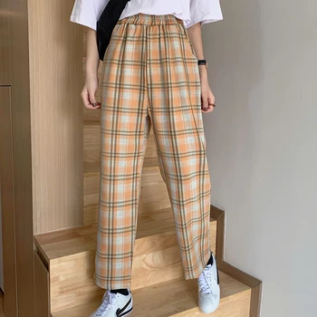 HOUZHOU Modă Carouri Pantaloni pentru Femei de Vară 2020 Largi Picior Pantaloni Femei Stil coreean Pantaloni Femei de Epocă, în Carouri, Pantaloni
