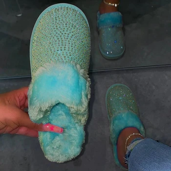 Iarna Papuci Femei Blană De Slide-Uri De Pluș Cald Acasă Pantofi Stras Cu Blană Papuci De Femei De Interior Dormitor Pantofi Zapatos De Mujer