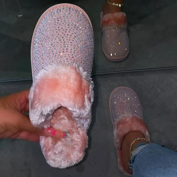 Iarna Papuci Femei Blană De Slide-Uri De Pluș Cald Acasă Pantofi Stras Cu Blană Papuci De Femei De Interior Dormitor Pantofi Zapatos De Mujer