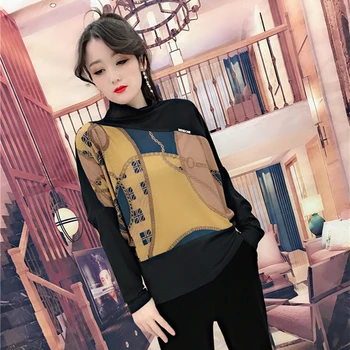Iarna Slash Gât Retro Mozaic Tricotate T-shirt Femei 2020 Nou Plus Dimensiune Batwing Maneca Toamnă Femeie Supradimensionate Tricouri 4XL