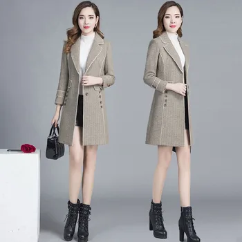 Iarna Îngroșat lână haine lungi femei slim stripe stil coreean carouri strat de sex feminin rever plus dimensiune 4XL amestec de lână uza