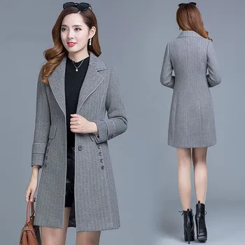 Iarna Îngroșat lână haine lungi femei slim stripe stil coreean carouri strat de sex feminin rever plus dimensiune 4XL amestec de lână uza