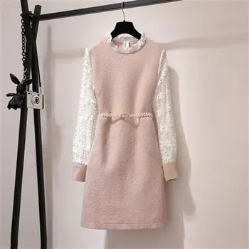 ICHOIX de Lână de iarnă rochie de Dantelă cu maneci roz eleganta pentru femei rochie casual Midi rochie pearl centura drăguț cu maneci lungi rochii coreeană