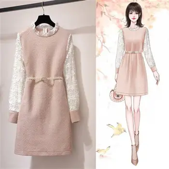 ICHOIX de Lână de iarnă rochie de Dantelă cu maneci roz eleganta pentru femei rochie casual Midi rochie pearl centura drăguț cu maneci lungi rochii coreeană