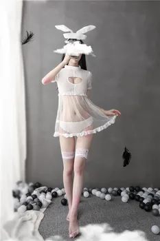 Iepuras Sexy Fata Costume pentru Femei Adulte Alb Negru Vedea Prin Vacă Cosplay Lenjerie Maid Dress Ureche de Iepure Chilotei Roleplay Nou