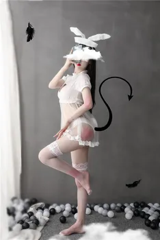 Iepuras Sexy Fata Costume pentru Femei Adulte Alb Negru Vedea Prin Vacă Cosplay Lenjerie Maid Dress Ureche de Iepure Chilotei Roleplay Nou