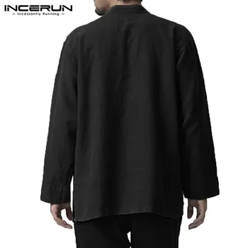 INCERUN 2021 Stil Chinezesc Tricou Barbati din Bumbac Lenjerie V-neck Maneca Lunga Vintage Barbati Bluze Camasi Casual Camisa Masculina Toamna 5XL