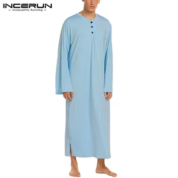 INCERUN Bărbați în Robe de Culoare Solidă Pijama cu Maneca Lunga Casual Homewear O Gat Buton Confortabil camasa de noapte, Halate de baie Barbati Caftan S-3XL