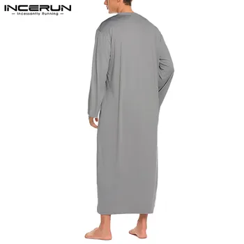 INCERUN Bărbați în Robe de Culoare Solidă Pijama cu Maneca Lunga Casual Homewear O Gat Buton Confortabil camasa de noapte, Halate de baie Barbati Caftan S-3XL