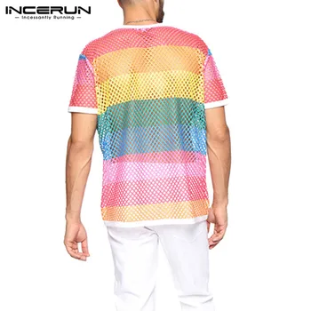 INCERUN Moda Barbati Mesh T Camasa Gradient Maneci Scurte Camisetas Streetwear Petrecere Club de noapte Tie Dye Transparent Casual T-shirt