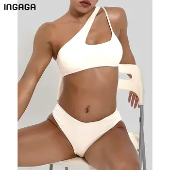 INGAGA Un Umăr Bikini Costume de baie Femei Cut Mare de Costume de baie Push Up Biquini Sexy Taie Costume de Baie 2021 Alb Beachwear