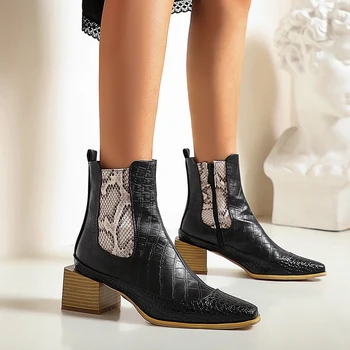 INS SEXY Femei cizme glezna plus dimensiune 22-28cm lungime de toamnă și de iarnă pantofi pentru femei cu fermoar toc pătrat Șarpe Chelsea cizme