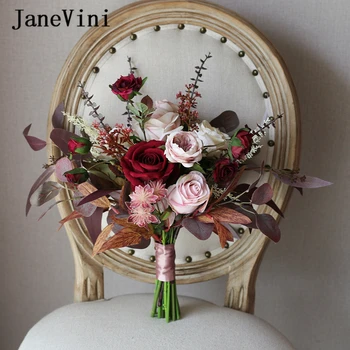 JaneVini Vintage Red Buchete De Mireasa Mătase Artificială Flori De Eucalipt Trandafiri De Toamnă Mirese Care Deține Floare Accesorii De Nunta