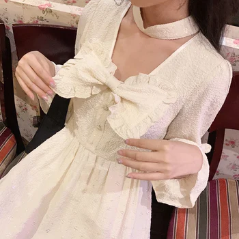 Japoneze Femei Rochie Maneca Lunga Rochie Eleganta Alb-Coreean De Sex Feminin Pătrat Guler Volane Papion Casual Lolita 2020 Haine De Toamna
