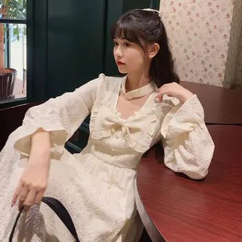 Japoneze Femei Rochie Maneca Lunga Rochie Eleganta Alb-Coreean De Sex Feminin Pătrat Guler Volane Papion Casual Lolita 2020 Haine De Toamna