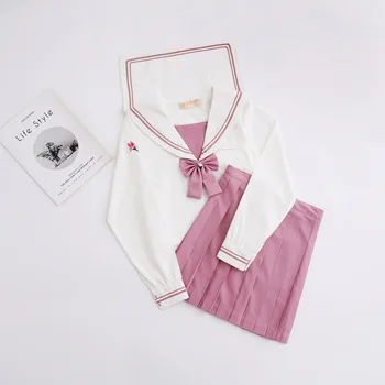 Japoneze JK uniformă Roz de Magnolie broderie costum de Marinar Student de Colegiu Școală uniformă maneca Lunga pentru Femei costum Fusta Plisata