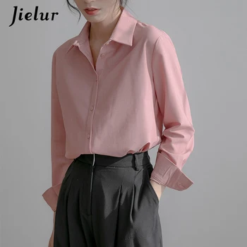 Jielur 2021 Șifon Cămașă Roz pentru Femei Bluze Guler de Turn-down Moda OL Tricouri S-XL Blusa Feminina Topuri Primavara Toamna anului Nou