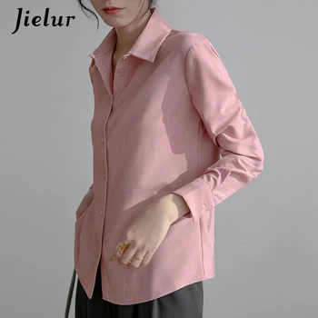 Jielur 2021 Șifon Cămașă Roz pentru Femei Bluze Guler de Turn-down Moda OL Tricouri S-XL Blusa Feminina Topuri Primavara Toamna anului Nou