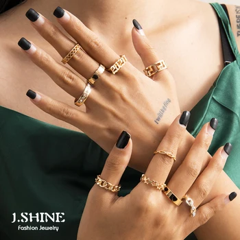 JShine 10 Buc/Set INS Scobite Stele Lanț de Aur de Culoare Aliaj Set Inele pentru Femei Emailate Inima Gotic Mijlocul Inele Bijuterii