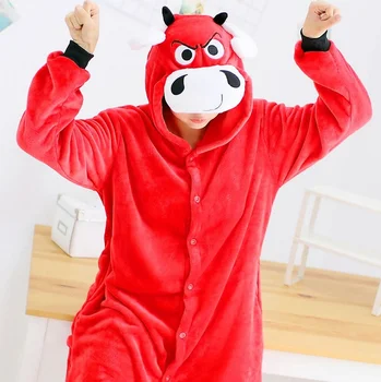 Kigurumi Iarna Noi Red Bull Onesies Costum Pentru Femei Pijama, Pijamale Flanel Cu Gluga Îmbrăcăminte De Origine Animală Onesie