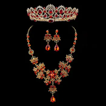KMVEXO 3PCS Baroc Epocă de Aur Roșu de Cristal Mireasa Seturi de Bijuterii Stras Diademe Coroana Colier Cercei Set Accesoriu de Nunta