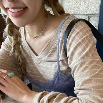Kpop Simplu temperament cravată colier colorat piatră naturală clavicula lanț colier pentru femei estetice bijuterii