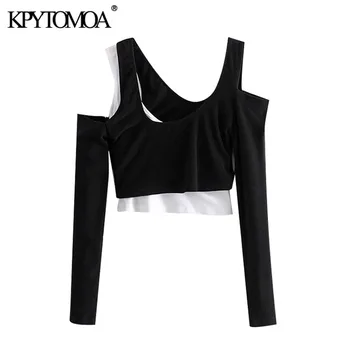 KPYTOMOA Femei 2020 Moda Hollow Out Mozaic Trunchiate Bluze Vintage Maneca Lunga Asimetrica Femei Tricouri Topuri Chic