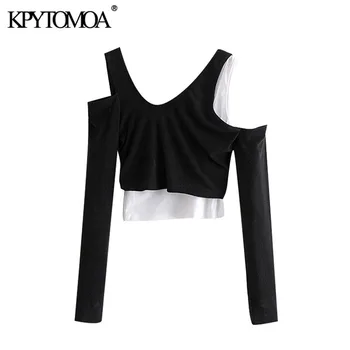 KPYTOMOA Femei 2020 Moda Hollow Out Mozaic Trunchiate Bluze Vintage Maneca Lunga Asimetrica Femei Tricouri Topuri Chic