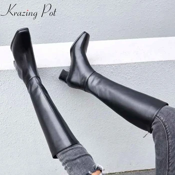 Krazing Oală piele naturala de dimensiuni mari gros frumos cizme lungi med toc, deget de la picior pătrat femei ține de cald echitatie genunchi-cizme înalte L0f8