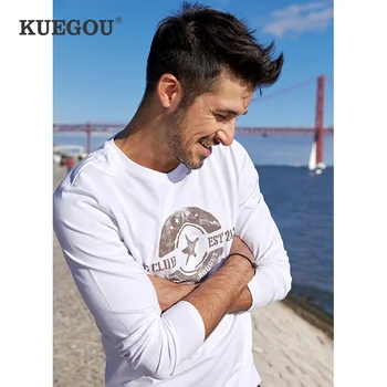KUEGOU 2020 Toamna Bumbac imprimat Tricou Alb Barbati Tricou Marca T-shirt cu Maneci Lungi Tricou de Moda Haine Plus Dimensiunea 7721