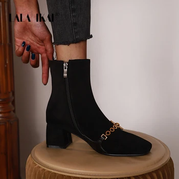 LALA IKAI Femei Cizme Toamna Iarna Nou Tocuri inalte Pantofi pentru Femei de Metal decor Glezna Cizme a Subliniat Toe Tocuri botas de mujer