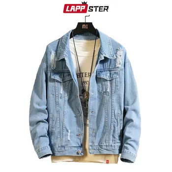 LAPPSTER Blue Hole Japoneză Streetwear Jachete din Denim 2020 Bărbați Hip Hop Bomber Jacket Jacheta Denim Harajuku Casual Canadiană 4XL