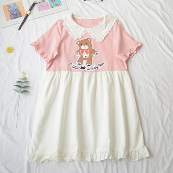Lolita dulce roz/albastru drăguț urs maneci scurte rochie de vara fete loli drăguț op rochie Japonez de îmbinare Peter Pan Kawaii Lolita dres