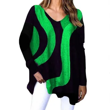 Long Sleeve V-Neck Geometrie cu Dungi T Shirt Femei Supradimensionat 5XL Topuri Casual Pierde Plus Dimensiune Tee Haine 2021 Nouă Primăvară de Toamnă
