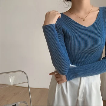 Lucyever Elastic Mare de Femei pulovere și Pulovere coreean Toamna Iarna 2020 V Neck Slim Topuri Tricotate Femeie Jumper Tricotaje