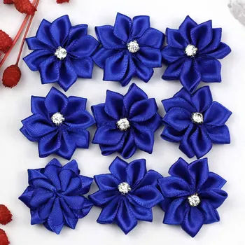 Lulang 24BUC Albastru Regal Panglica de Satin Flori Arcuri Crescut W/Stras Aplicatii Craft Nunta Ornament 30x30mm (1.18 inch)