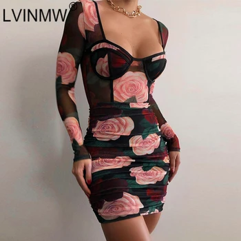 LVINMW Plasă de Flori Imprimate Pătrat Guler Maneca Lunga Rochie Mini Transparent Retro Subțire de Moda, Rochii Plisate Femei Streetwear