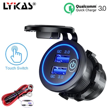 LYKAS QC 3.0 Incarcator Auto Dual USB Soclu cu Comutatorul Pe Off Atinge de Lumina Led-uri Impermeabil Auto USB Încărcător de Telefon 5V 4.2-O