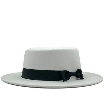 Lână albă Luntraș Plat Top Hat Pentru Femei Simțit Wide Brim Fedora Pălărie Laday Prok Plăcintă Chapeu de Feltro Bowler Jucător de Top Hat