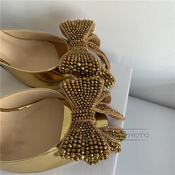 Mare de Cristal Fluture nod Papuci Femei de Aur din Piele de Brevet Peep Toe Bijuterii Stras Diamant Pantofi cu Toc Femeie