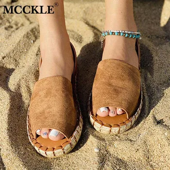 MCCKLE Vara Vintage Sandale Femei Peep Toe Hemps Tocuri Pantofi Plat Doamnelor Curea din Spate Plajă Sandales Retro Cusut Pantofi de sex Feminin