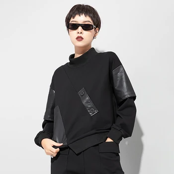 [MEM] Femei de Dimensiuni Mari Pu Negru din Piele Îmbinat Pocket T-shirt Noi Guler Maneca Lunga Mareea Moda Primavara Toamna anului 2021 1DD0680