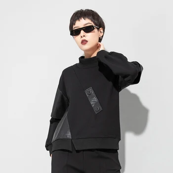 [MEM] Femei de Dimensiuni Mari Pu Negru din Piele Îmbinat Pocket T-shirt Noi Guler Maneca Lunga Mareea Moda Primavara Toamna anului 2021 1DD0680