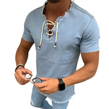 Mens tricou Tricou Denim casual, Simplu cu Maneca Lunga, Blugi tricou Solid de sex Masculin Bluza Vintage Denim bărbați îmbrăcăminte de Fitness