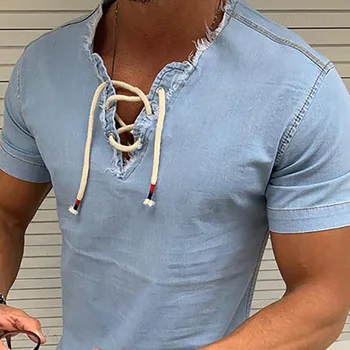 Mens tricou Tricou Denim casual, Simplu cu Maneca Lunga, Blugi tricou Solid de sex Masculin Bluza Vintage Denim bărbați îmbrăcăminte de Fitness