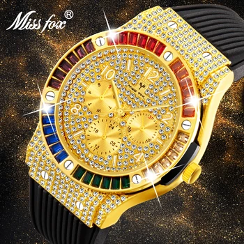 MISSFOX 2020 Nou Ceas Bărbați Piața de Diamante Colorate Cuarț Mens Ceasuri Premium Rrubber Curea de Lux Impermeabil Relogio Masculino