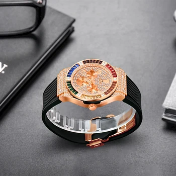 MISSFOX 2020 Nou Ceas Bărbați Piața de Diamante Colorate Cuarț Mens Ceasuri Premium Rrubber Curea de Lux Impermeabil Relogio Masculino